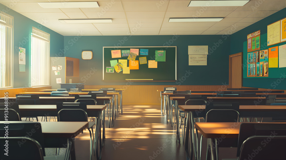 Poster an empty classroom bathed in warm sunlight with neatly arranged desks and a chalkboard adorned with 