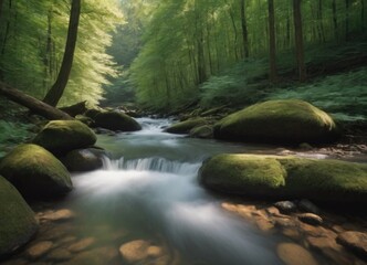 Obraz premium A tranquil stream gently flowing through a lush green forest, creating a peaceful atmosphere