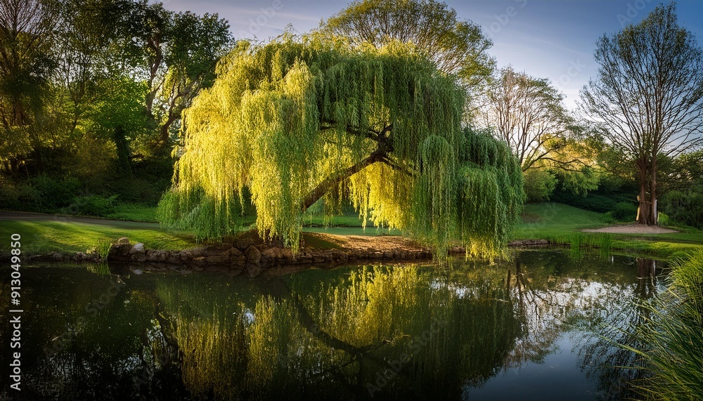 Wall mural english garden with willow tree and pond, ai generated