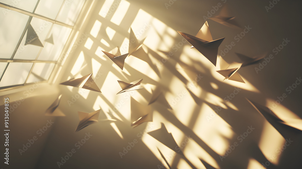 Aufkleber sunlight streams through a window, casting shadows on the walls as paper airplanes float gracefully 