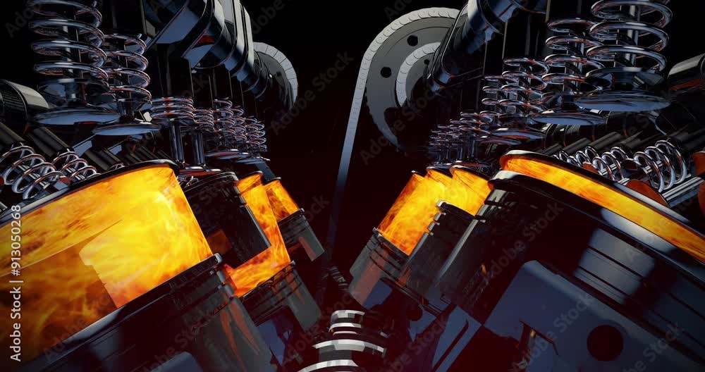 Poster V8 Engine 3D Animation. Engine Parts In Motion. Explosions. Industry Related High Quality 3D 4K Animation.