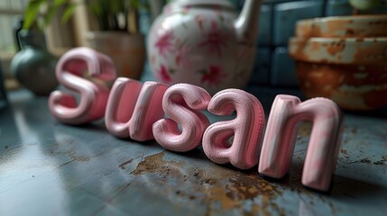 Pink decorative letters spelling 'Susan' on a rustic table in a cozy vintage kitchen with ceramics...