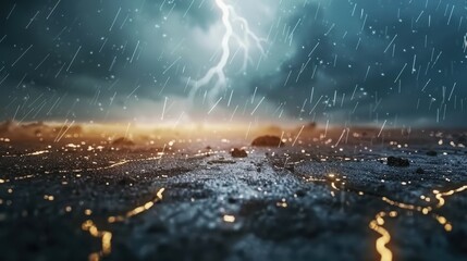 Thunderstorm displays an abstract power in the sky. Lightning and dark clouds create a striking scene.