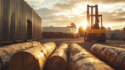 A forklift moves logs in a lumber yard as the sun sets, casting warm light over stacks of timber and industrial structures.