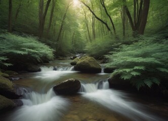 Fototapeta premium A tranquil stream gently flowing through a lush green forest, creating a peaceful atmosphere