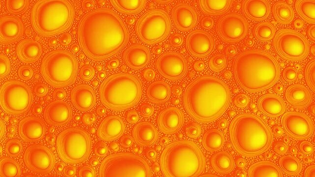 Loopy psychedelic yellow orange background of bubbles, chaotic Brownian motion of particles under a microscope, boiling liquid