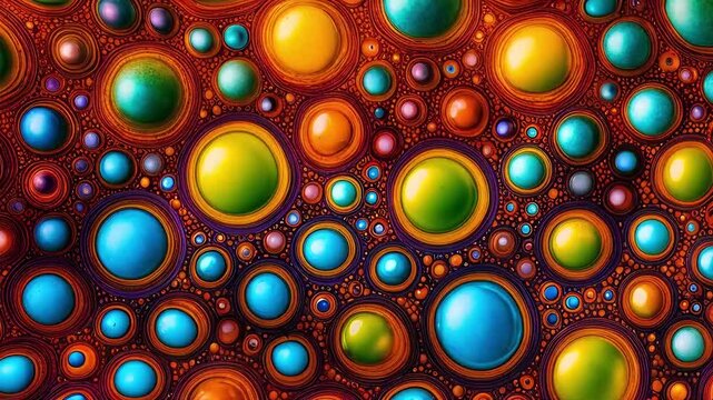 Loopy psychedelic multicolored background of bubbles, chaotic Brownian motion of particles under a microscope, boiling liquid