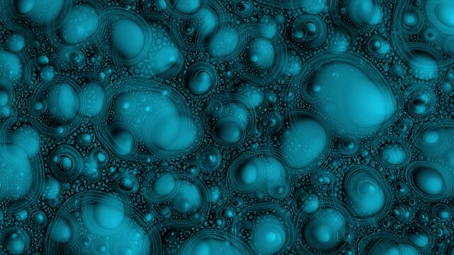Loopy psychedelic blue background of bubbles, chaotic Brownian motion of particles under a microscope, boiling liquid