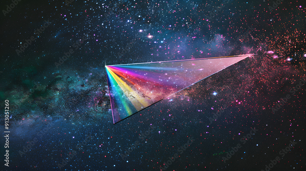 Poster a prism splitting white light into a rainbow fan. diversity in design concepts. suspended in a starr