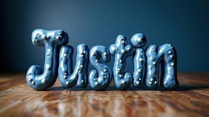 Playful 3D rendering of the name 'Justin' in glossy, bubbly blue text with pearl-like accents on a wooden surface.