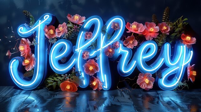 Illuminated neon sign spelling 'Jeffrey' surrounded by vibrant pink and orange flowers, creating a lively and colorful ambiance.