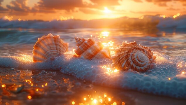 A seashell bathed in the warm glow of a sunset.