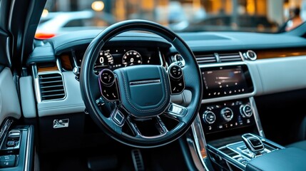 Obraz premium A sleek black leather steering wheel enhances the luxury of the car's dashboard