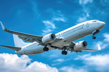 Fototapeta premium A white passenger airplane soars effortlessly through a vibrant blue sky