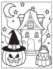 Halloween Witchs Lair coloring page design Halloween vector design black and white design