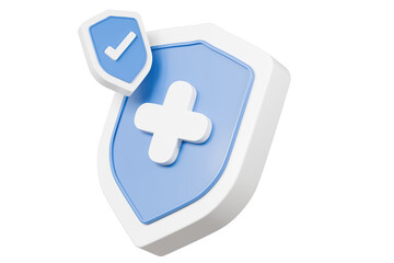 3d Shield with a cross icon symbol on isolated purple background. Protection of health from diseases. Healthcare security insurance medical concept. 3d Minimal insurance blue shield icon. 3d render.