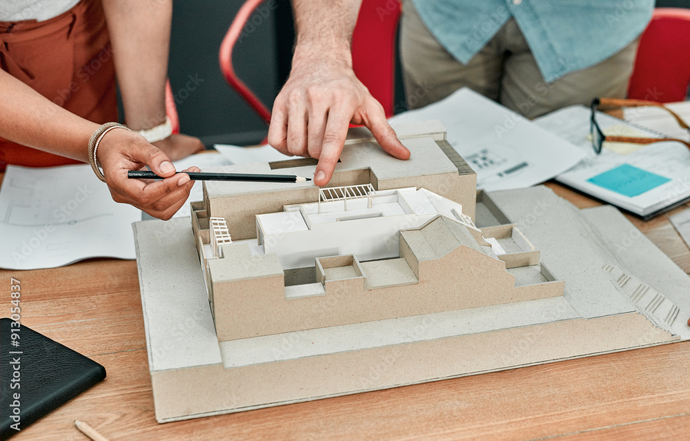 Poster hands, people and model of building at architecture agency with review, point and planning with team