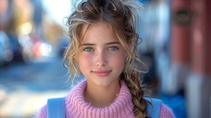 close-up portrait of young girl with blonde hair and freckles, wearing pink sweater. She stands on street with blurred background, her expression is calm and gentle. Concept: youth, innocence