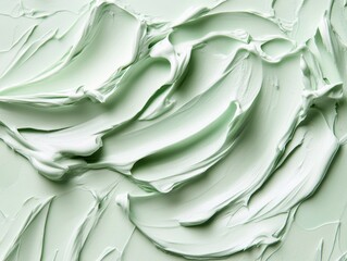 Delicate Patterns of Creamy Light Green Cosmetic Cream Close-Up on Isolated Background with Soft Strokes and Copy Space for Text
