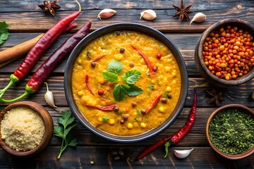  Food. lentils used in traditional Indian soups. Spiced Indian dhal dish in a bowl with herbs and...