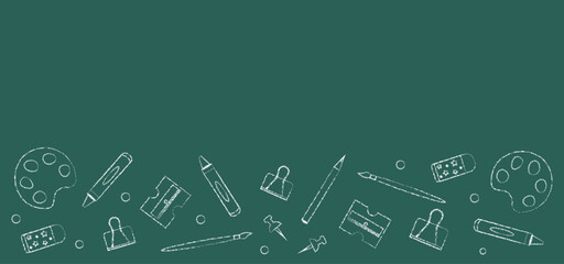 Blackboard with hand-drawn chalk school supplies. Pencil, sharpener, eraser, clip, palette, brush etc. Vector background, banner template with blank space. Back to school concept.