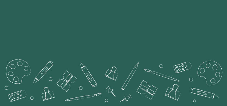 Blackboard with hand-drawn chalk school supplies. Pencil, sharpener, eraser, clip, palette, brush etc. Vector background, banner template with blank space. Back to school concept.
