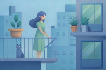 Illustration of woman with her cat standing on the balcony and looking at the night city