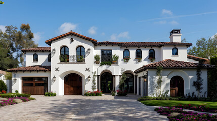 Obraz premium front view of beautiful white and black Spanish style home with dark brown accents, paver driveway, cinematic