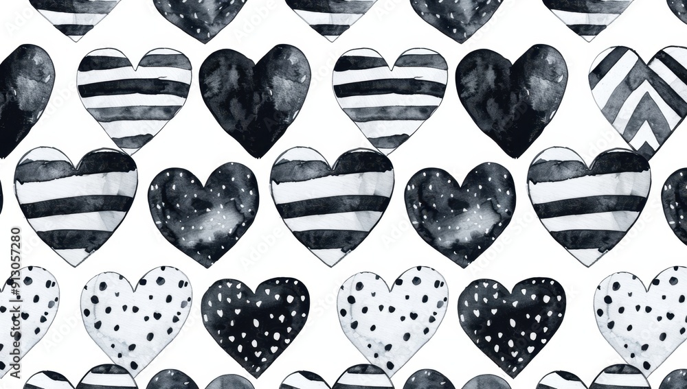 Aufkleber black and white pattern with striped hearts, arranged in an artistic geometric arrangement, creating