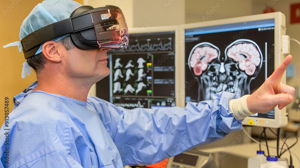 Poster a skilled surgeon discusses a procedure using an augmented reality display in an operating theater.