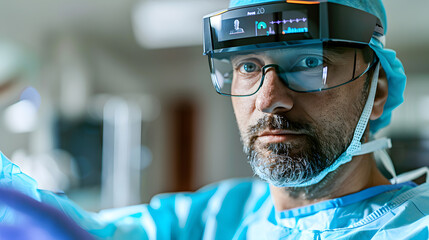 A skilled surgeon discusses a procedure using an augmented reality display in an operating theater. 