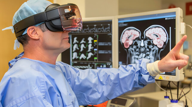 A skilled surgeon discusses a procedure using an augmented reality display in an operating theater.