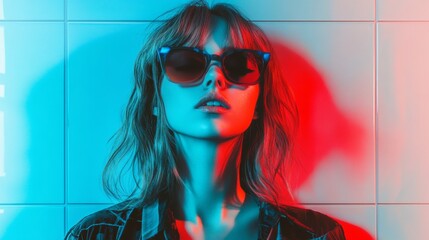 A woman is wearing sunglasses and standing in front of a wall