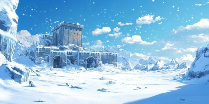 Frozen Frontier: An Animated Snowscape with a Distant Snow Outpost, Capturing the Enigma of Winter's Solitude and Beauty.