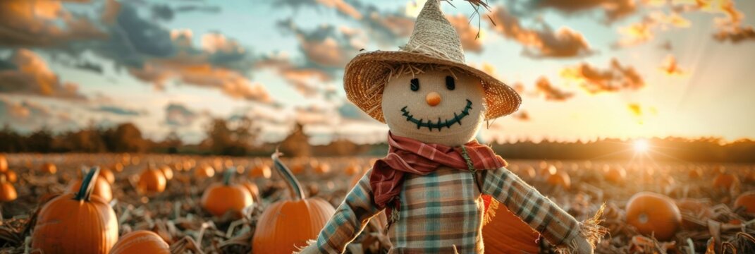 Humorous scarecrow posing in a pumpkin patch