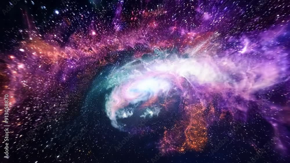 Poster flight through the galaxy with spreading nebula clouds, shiny stars and constellations