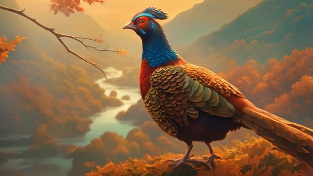 Beautiful Borneo Peacock perched on the roots of an old tree above the ground,4k,footage