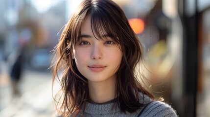 Fototapeta premium Young Woman Smiling Brightly in a Bustling City Street During Daytime