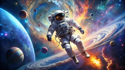 Fototapeta premium Astronaut at spacewalk. Cosmic art, science fiction wallpaper. Beauty of deep space. Billions of galaxies in the universe. Elements of this image furnished