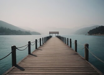 Fototapeta premium A Beautiful Serene Lake View Featuring a Wooden Pier Set Within a Misty Landscape Scene