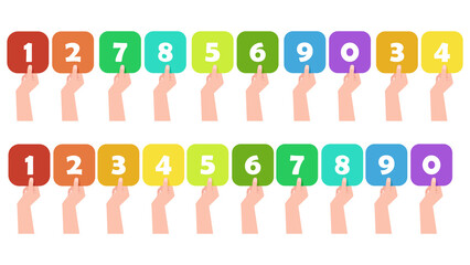 A long line of cartoon numbers on cards held in hands from 1 to 0