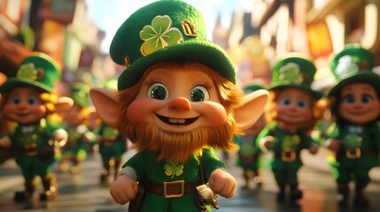 Cartoon characters participating in a St. Patrick's Day parade with green attire shamrocks and leprechauns