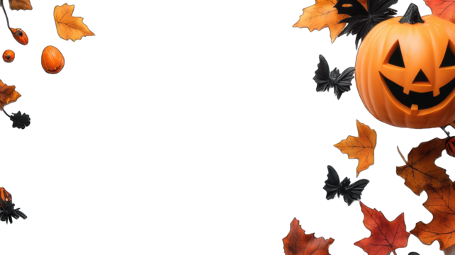 A spooky Halloween border with a jack-o'-lantern and autumn leaves. Perfect for seasonal greetings or spooky designs.
