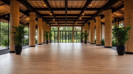 Naklejka premium Contemporary bamboo event space with adaptive lighting and smart decor, innovative gatherings