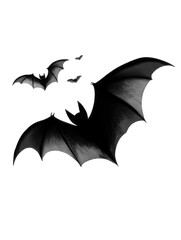 A dark, shadowy bat with large wings spread wide, flying against a black background.