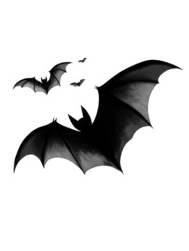 recommend clip art: A dark, shadowy bat with large wings spread wide, flying against a black background.