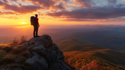 Obraz premium Hiker at Sunrise Overlooking Expansive Mountain Range