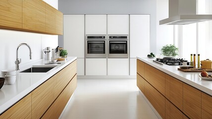 Minimalist kitchen with bamboo cabinetry, high-tech appliances, and modern style, innovative design
