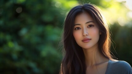 Fototapeta premium A woman with long dark hair and a beautiful smile
