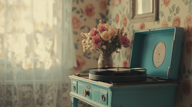 A blue record player sits on a table next to a vase of flowers